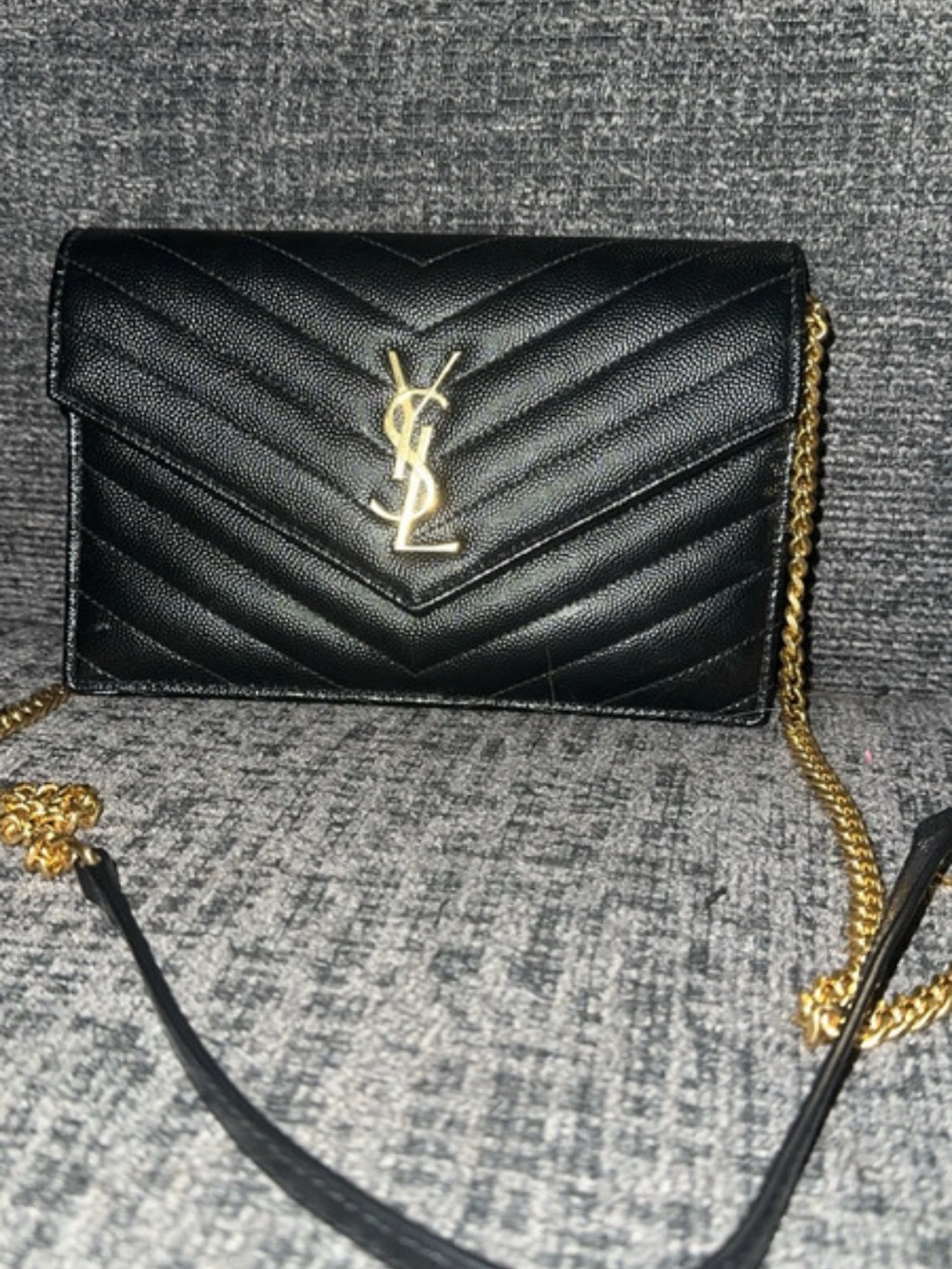 Saint Laurent Black Chevron Quilted Leather Crossbody with Gold YSL Logo